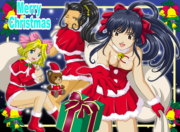 bag black_hair blonde_hair blue_eyes bow breasts brown_eyes capelet christmas cleavage dark_skin gift gloves green_eyes hair_bow hanzou iris_chateaubriand long_hair miniskirt ponytail ribbon ribbons sack sakura_taisen sakura_taisen_ii santa_costume shinguuji_sakura short_hair skirt smile soletta_orihime wink