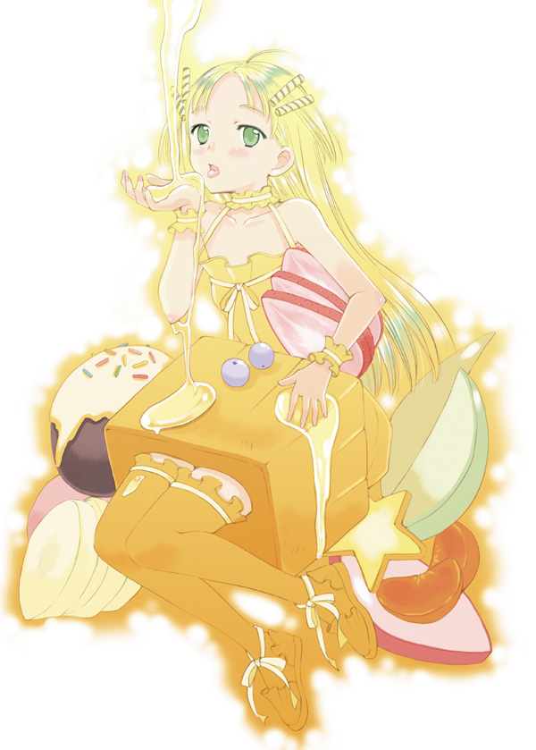 blonde_hair blueberry food food_as_clothes food_themed_clothes fruit green_eyes kazuto_izumi licking multicolored_hair orange_(color) original ribbon solo sprinkles star strawberry syrup thighhighs tongue