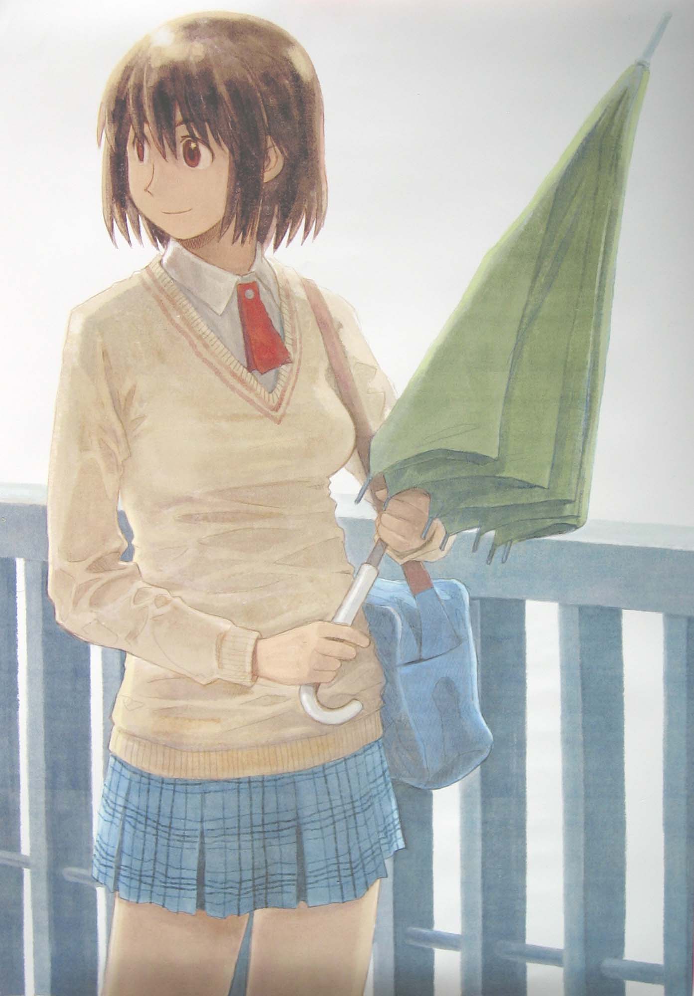 azuma_kiyohiko bag brown_hair highres school_uniform short_hair smile umbrella yotsubato!