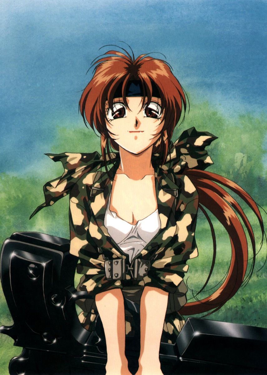 atsuko_nakajima brown_hair camouflage gun hairband highres holding long_hair nakajima_atsuko oversized_object ponytail solo weapon