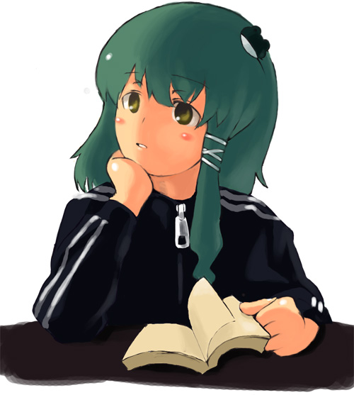 book casual chin_rest ken_makiba kochiya_sanae touhou track_suit