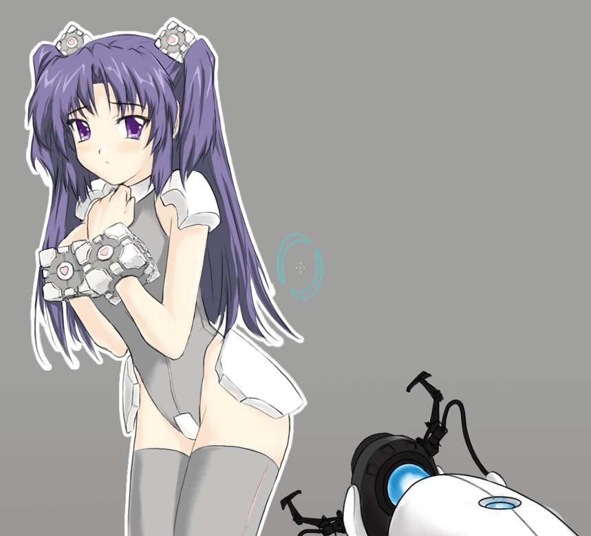 aperture_science_handheld_portal_device blush bracelet clannad cosplay crossover crossxaber cube grey_background hair_cubes hair_ornament hands_on_own_chest heart ichinose_kotomi jewelry leotard long_hair parody portal pov purple_eyes purple_hair simple_background solo thigh-highs thighhighs two_side_up violet_eyes weighted_companion_cube