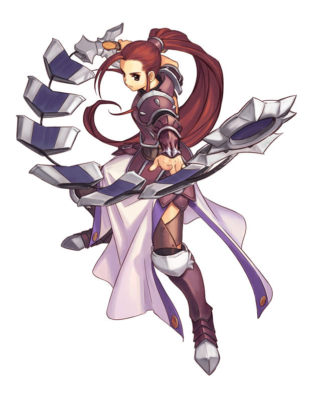 armor armored_dress atelier atelier_(series) atelier_iris atelier_iris_eternal_mana bangs boots brown_eyes dress fighting_stance foreshortening frown futaba_jun gust long_hair looking_at_viewer marietta_lixiss official_art outstretched_arms payot ponytail red_hair scrunchie simple_background spread_legs standing sword thigh_boots thighhighs very_long_hair weapon whip_sword white_background zettai_ryouiki