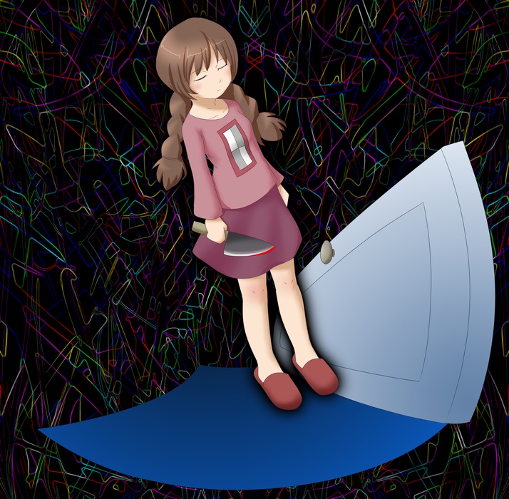 braid brown_hair cleaver closed_eyes door knife madotsuki naka skirt solo twin_braids yume_nikki