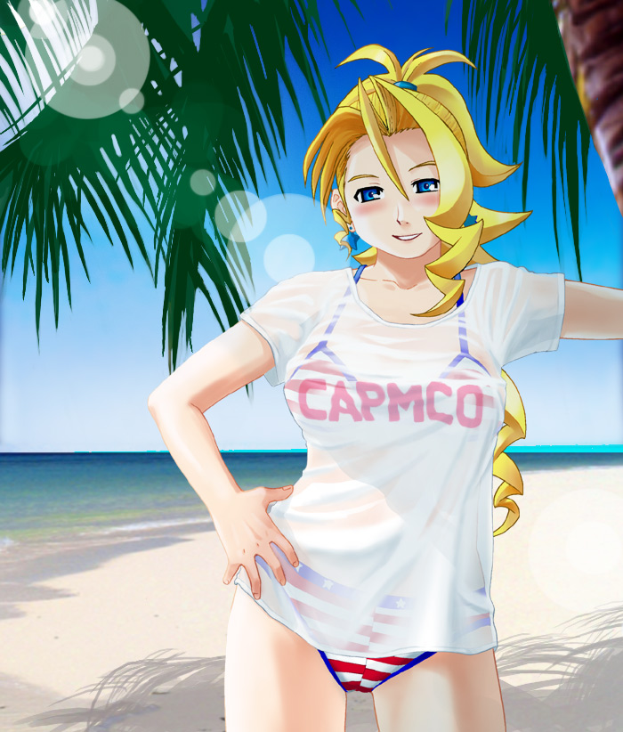 bikini blonde_hair blue_eyes capcom clothes_writing justice_gakuen rival_schools shiritsu_justice_gakuen swimsuit t-shirt tiffany_lords tsukinowa tsukinowa_kumatarou typo