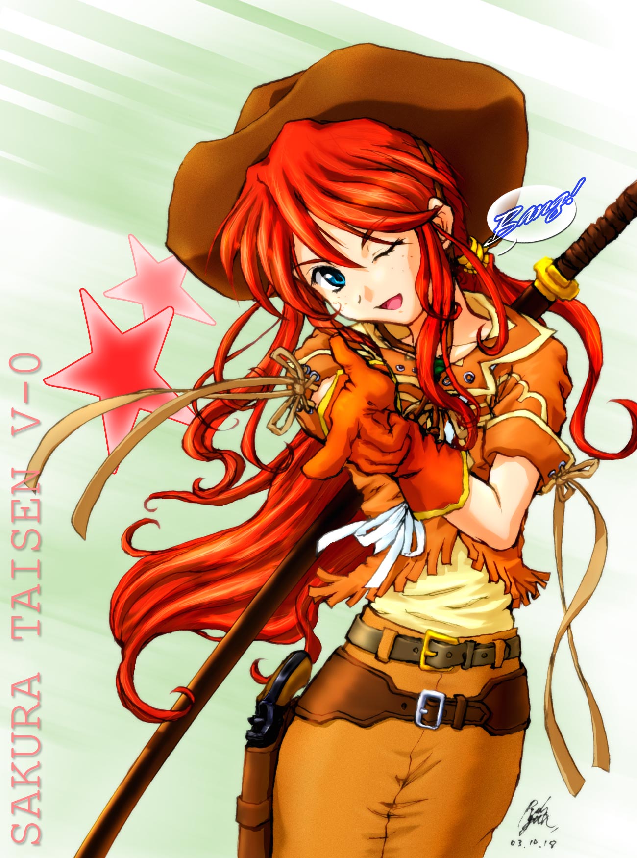 cowboy_hat cowgirl freckles gemini_sunrise gun hat highres red_hair redhead sakura_taisen sakura_taisen_v sword weapon western wink