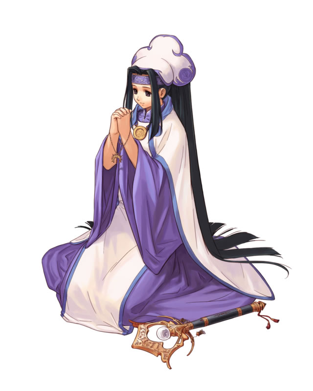 alchemist atelier atelier_(series) atelier_iris atelier_iris_eternal_mana black_eyes black_hair futaba_jun gust hands_clasped hat headband iris_blanchimont jewelry lilith lilith_(atelier_iris) long_hair looking_away magic necklace official_art payot pendant ponytail praying robe scepter seiza simple_background sitting smile solo very_long_hair wand white_background wide_sleeves