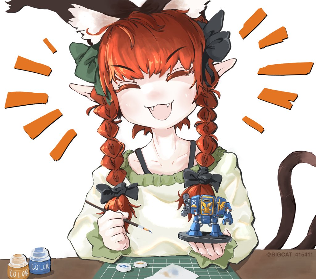 1girl ^_^ animal_ears bigcat_114514 braid cat_ears cat_girl cat_tail closed_eyes commentary dreadnought emphasis_lines english_commentary extra_ears fangs green_shirt hair_ribbon happy kaenbyou_rin miniature multiple_tails open_mouth paintbrush painting pointy_ears redhead ribbon shirt simple_background smile solo table tabletop_game tail touhou twin_braids twintails twitter_username ultramarines warhammer_40k white_background