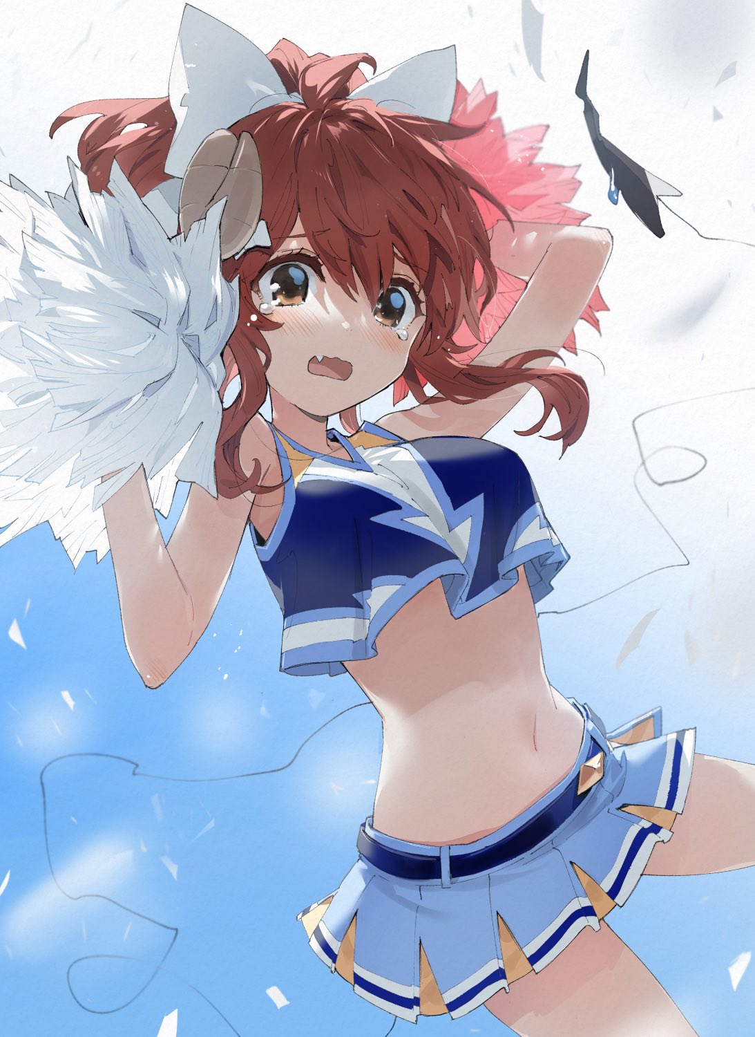 1girl arm_up bare_arms bare_shoulders blue_shirt blue_skirt bow breasts brown_eyes brown_hair cheerleader cowboy_shot crop_top crop_top_overhang curled_horns demon_girl fang hair_bow hand_up highres holding holding_pom_poms horns long_hair looking_at_viewer machikado_mazoku medium_breasts midriff minakata_sunao miniskirt navel open_mouth pleated_skirt pom_poms ponytail shirt skirt sleeveless sleeveless_shirt solo stomach tail tearing_up wavy_mouth yoshida_yuuko_(machikado_mazoku)