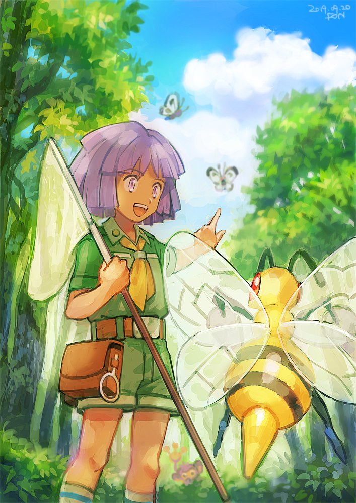 1boy :d aipom bangs beedrill belt bob_cut butterfly_net butterfree clouds collared_shirt commentary_request day eyebrows_visible_through_hair fon-due_(fonfon) gen_1_pokemon gen_2_pokemon green_shirt green_shorts hand_net holding_butterfly_net knees open_mouth outdoors pink_eyes pointing pokemon pokemon_(creature) pokemon_(game) pokemon_hgss purple_hair shirt short_sleeves shorts sky smile standing teeth tongue tree tsukushi_(pokemon) upper_teeth yellow_neckwear