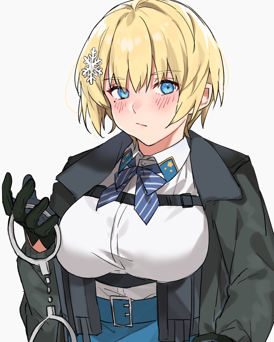 1girl aogisa bangs black_gloves black_jacket blonde_hair blue_eyes blue_neckwear blue_skirt blush breasts closed_mouth cuffs eyebrows_visible_through_hair girls_frontline gloves hair_ornament handcuffs highres holding jacket large_breasts long_sleeves mole mole_under_eye short_hair simple_background skirt snowflake_hair_ornament solo upper_body vsk-94_(girls_frontline) white_background