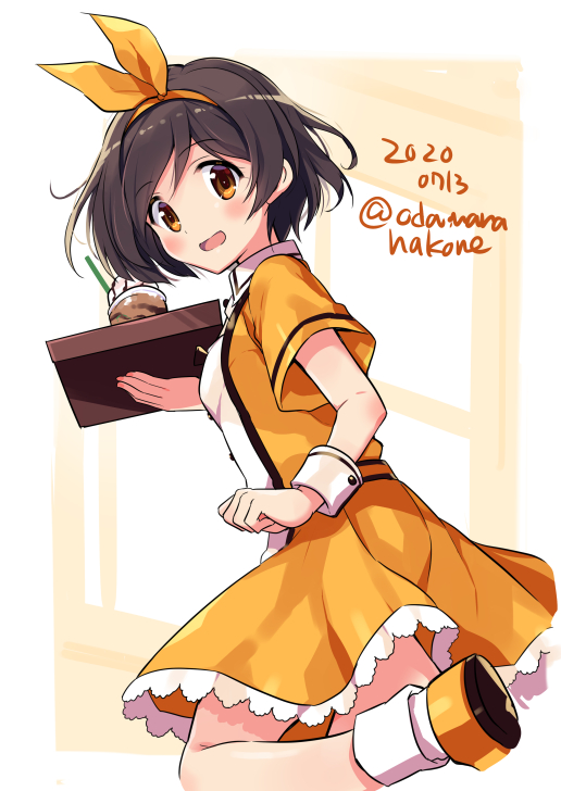 1girl :d alternate_costume blush brown_eyes brown_hair buttons dated drink drinking_straw eyebrows_visible_through_hair holding holding_tray kantai_collection odawara_hakone open_mouth short_hair short_sleeves smile solo tanikaze_(kantai_collection) tray twitter_username wrist_cuffs