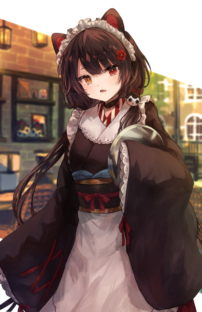 1girl animal_ears apron black_choker black_hair black_kimono blurry blurry_background choker commentary_request depth_of_field dog_ears dog_hair_ornament fang highres inui_toko japanese_clothes kimono long_hair long_sleeves looking_at_viewer low_twintails maid_headdress nijisanji obi parted_lips roll_okashi sash sleeves_past_fingers sleeves_past_wrists solo tray twintails very_long_hair virtual_youtuber wa_maid waist_apron white_apron wide_sleeves
