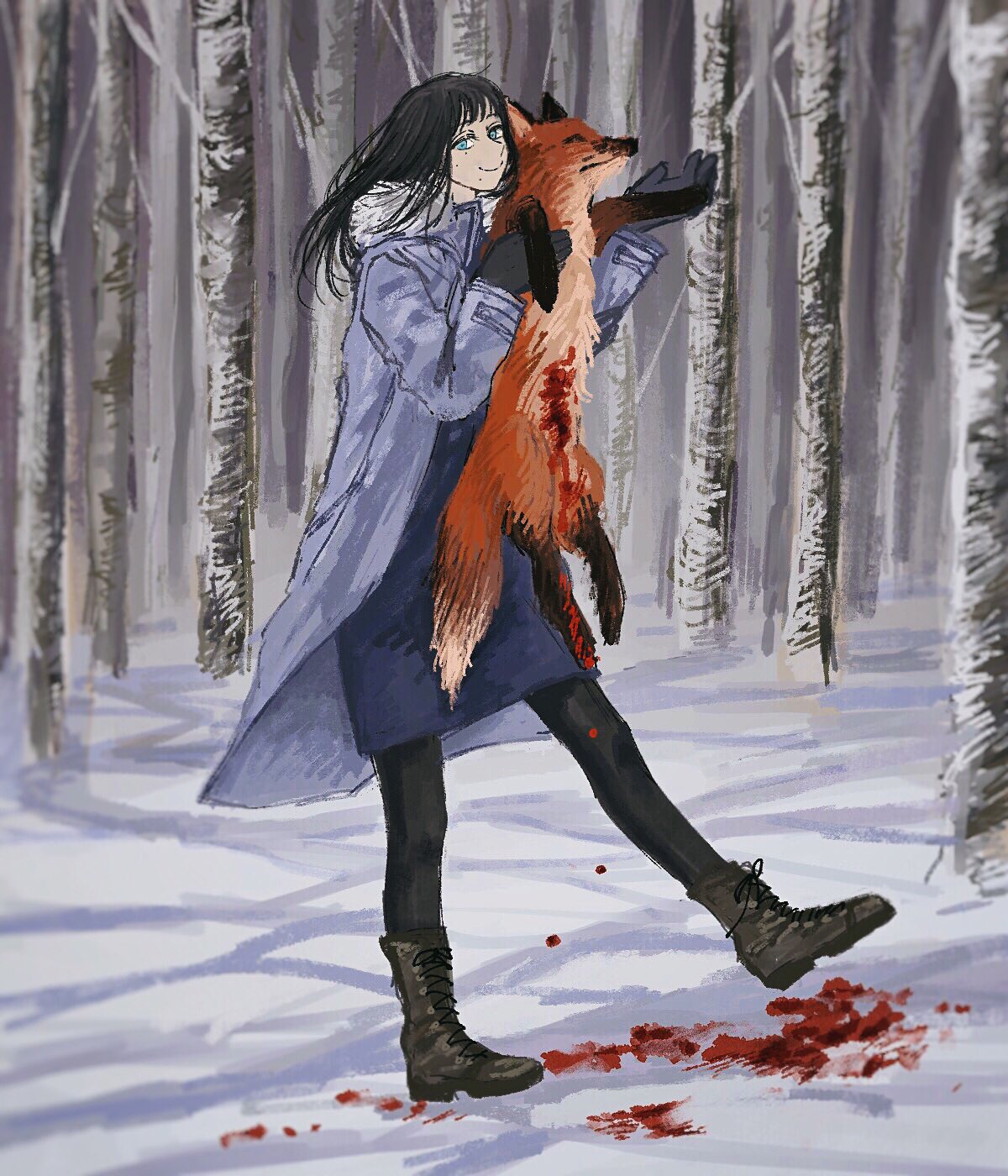 1girl am4_pm4 animal animal_ears black_hair blood blood_stain blue_eyes chainsaw_man coat dead_animal forest fox fox_ears fox_tail full_body gloves highres long_hair mole mole_under_eye mole_under_mouth nature pantyhose santa_claus_(chainsaw_man) smile snow solo tail tree winter winter_clothes winter_coat