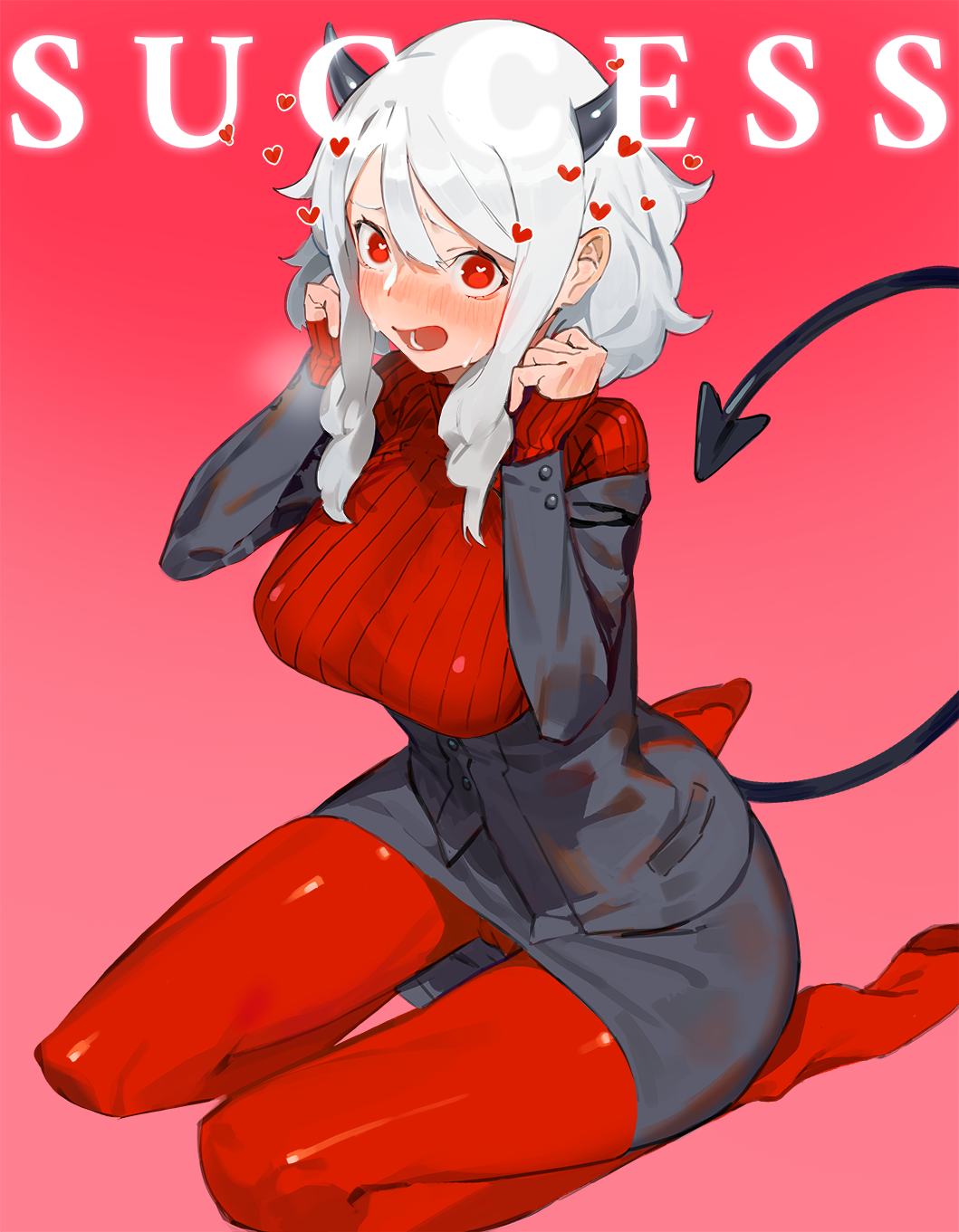 1girl black_horns black_suit blush breasts breath demon_girl demon_horns demon_tail glorious_success heart heart-shaped_pupils helltaker highres horns kare_huang large_breasts long_sleeves looking_at_viewer modeus_(helltaker) pantyhose red_eyes red_legwear red_sweater ribbed_sweater shirt short_hair sleeves_past_wrists solo sweater symbol-shaped_pupils tail turtleneck white_hair