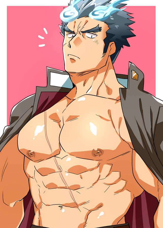1boy bara blue_eyes blue_fire blue_hair chest fire jacket jacket_on_shoulders looking_at_viewer male_focus muscle pectorals scar simple_background solo standing sugo6969 thick_eyebrows toji_(tokyo_houkago_summoners) tokyo_houkago_summoners upper_body