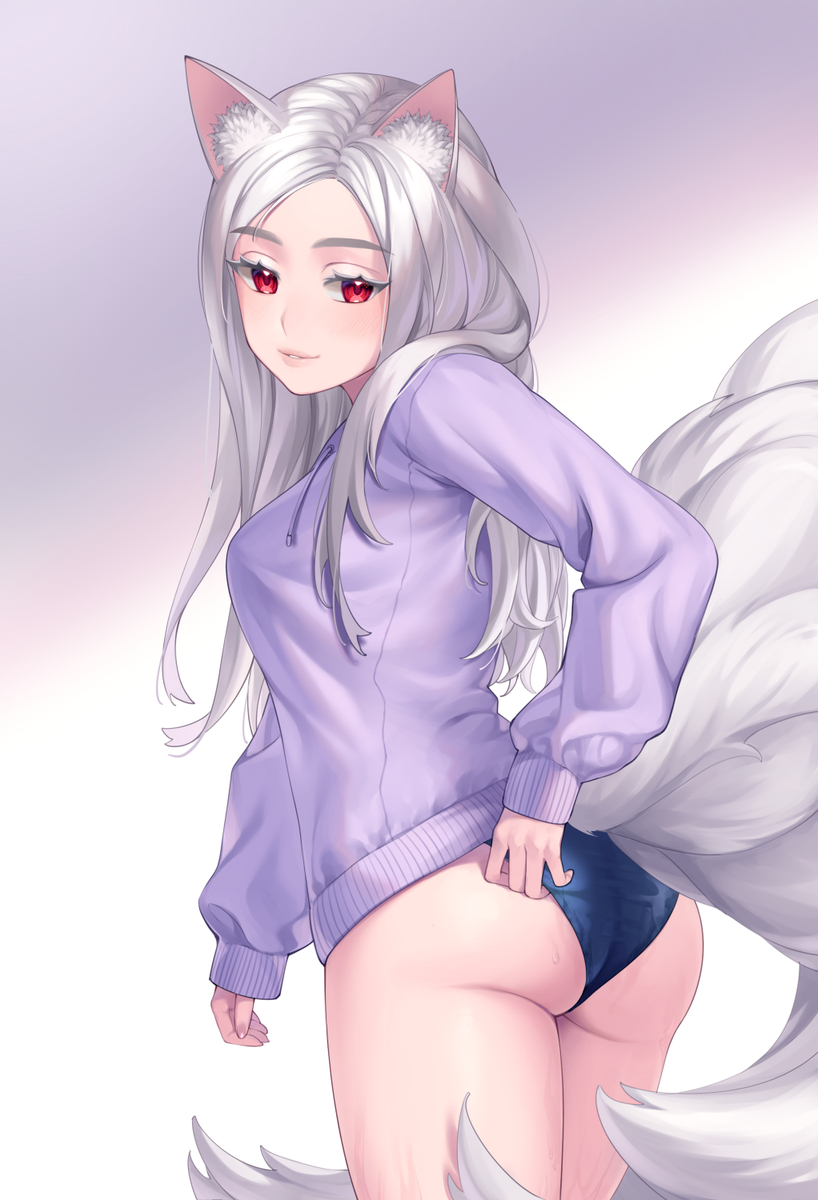 1girl adjusting_clothes adjusting_swimsuit animal_ears ass commission fox_ears fox_girl fox_tail helloimtea highres jacket kitsune kyuubi long_hair looking_at_viewer looking_back multiple_tails original parted_lips purple_jacket red_eyes smile solo swimsuit swimsuit_under_clothes tail wet white_hair