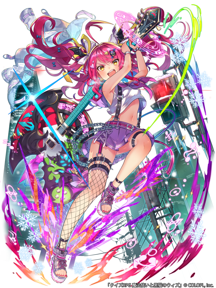 1girl :d ahoge armpits arms_up bare_arms bare_shoulders belt bracelet crop_top crop_top_overhang electric_guitar fishnet_legwear fishnets floating_hair full_body garter_straps guitar holding holding_instrument instrument jewelry knee_up long_hair looking_at_viewer mahou_tsukai_to_kuroneko_no_wiz midriff miniskirt navel neckerchief official_art open_mouth open_toe_shoes pink_hair pleated_skirt purple_skirt shirt simple_background single_thighhigh skirt sleeveless sleeveless_shirt smile solo stomach suspenders thigh-highs thigh_strap thighs toenail_polish toshi_gahara twintails v-shaped_eyebrows watermark white_background white_shirt yellow_eyes