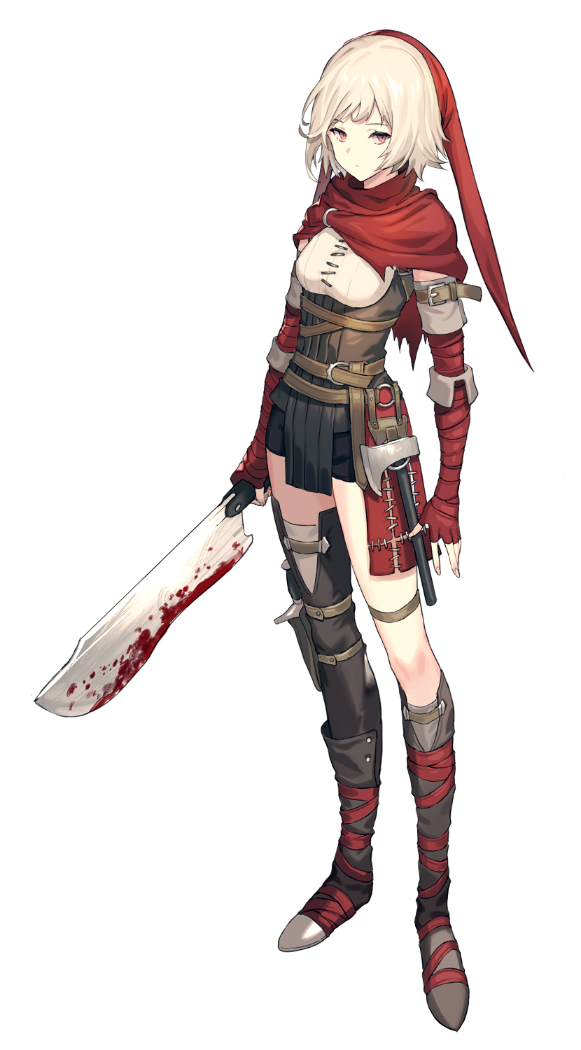 1girl asymmetrical_legwear bangs belt blood bloody_weapon boots breasts brown_belt brown_footwear commentary_request dagger fingerless_gloves full_body gloves grey_hair hatchet highres holding holding_sword holding_weapon keemu_(occhoko-cho) knife looking_at_viewer original red_eyes red_gloves red_headwear simple_background solo standing sword thigh-highs thigh_strap weapon white_background zettai_ryouiki