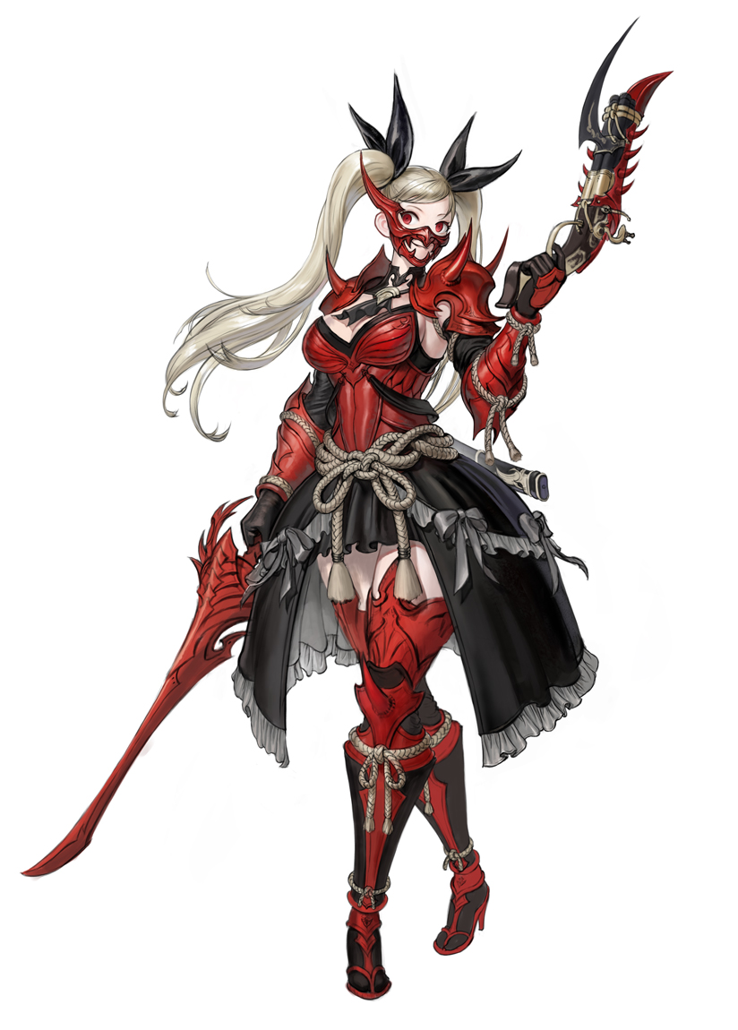 1girl armor black_bow black_gloves blonde_hair bow breastplate dual_wielding fantasy gloves greaves grey_bow gun hair_bow holding holding_gun holding_sword holding_weapon lp_rp mask mouth_mask oni original pauldrons red_eyes rope rope_belt scabbard sheath shoulder_armor simple_background smile sword twintails vambraces weapon white_background