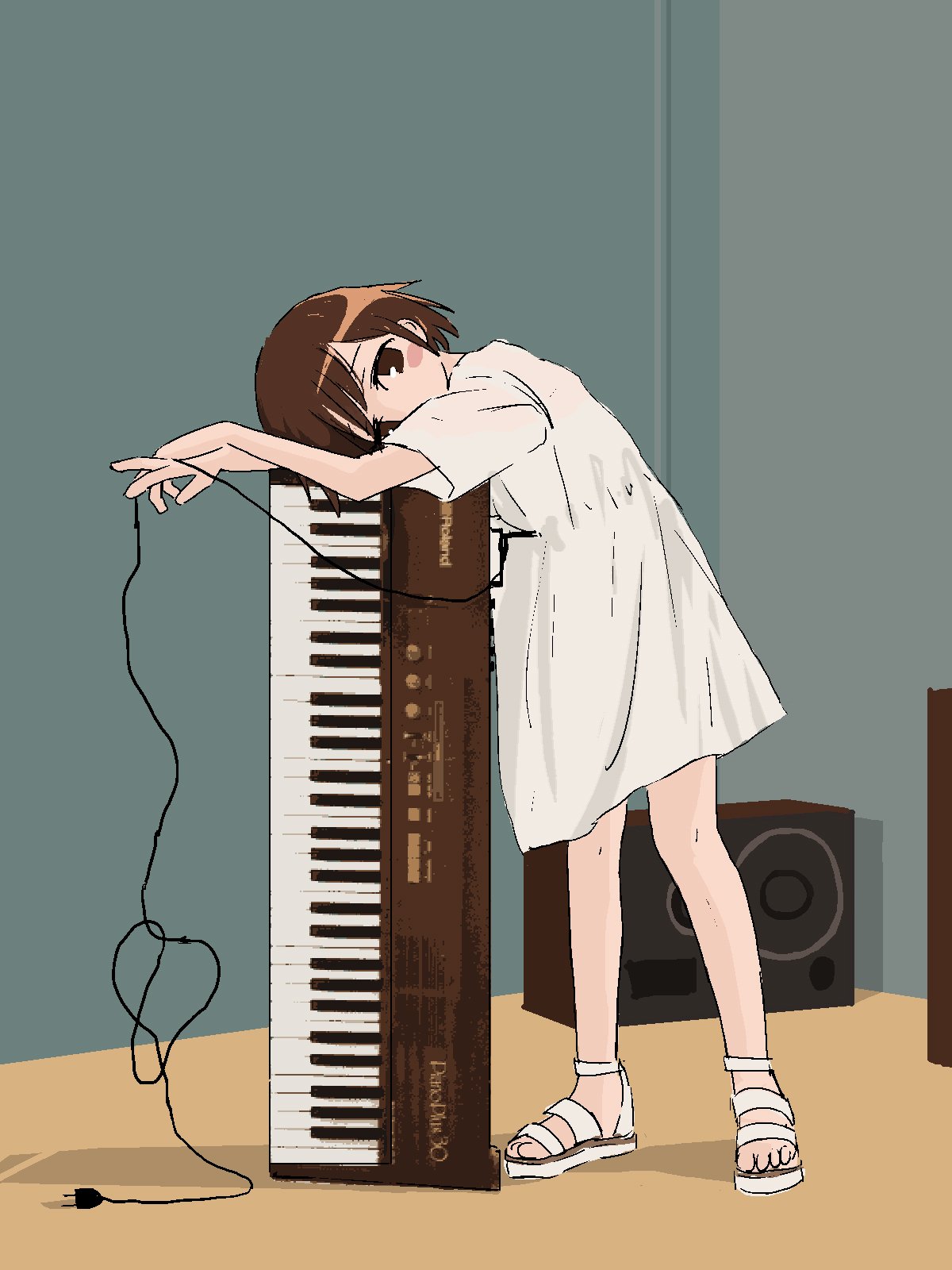 1girl amplifier_(instrument) blush_stickers brown_eyes brown_hair dress head_rest highres instrument keyboard_(instrument) kill_me_baby looking_at_viewer nadegata oribe_yasuna sandals short_dress short_hair short_sleeves simple_background solo standing white_dress