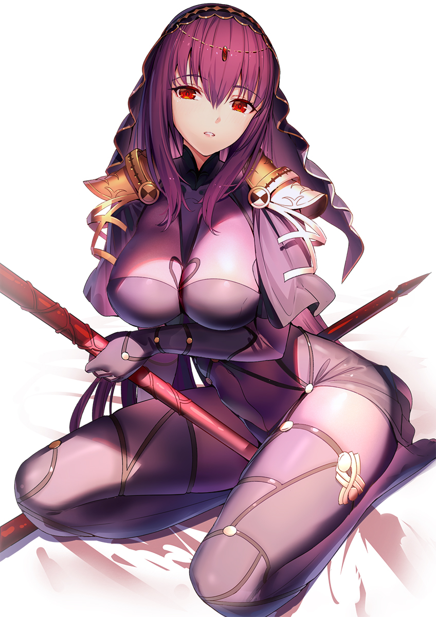 1girl armor bangs bodysuit breasts commentary_request eyebrows_visible_through_hair fate/grand_order fate_(series) hair_between_eyes highres holding holding_spear holding_weapon large_breasts long_hair looking_at_viewer parted_lips pauldrons polearm purple_bodysuit purple_hair red_eyes ririko_(zhuoyandesailaer) scathach_(fate)_(all) scathach_(fate/grand_order) seiza shoulder_armor sidelocks simple_background sitting solo spear veil weapon white_background