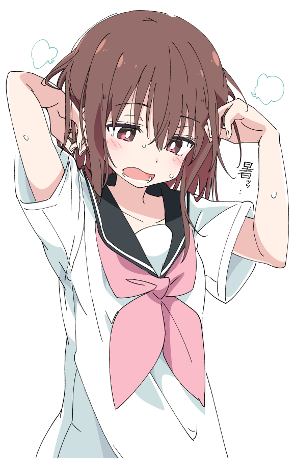 1girl black_sailor_collar brown_hair eyebrows_visible_through_hair hands_up hot ixy looking_down open_mouth original pink_bag red_eyes sailor_collar school_uniform serafuku shirt short_sleeves simple_background solo sweat white_background white_shirt