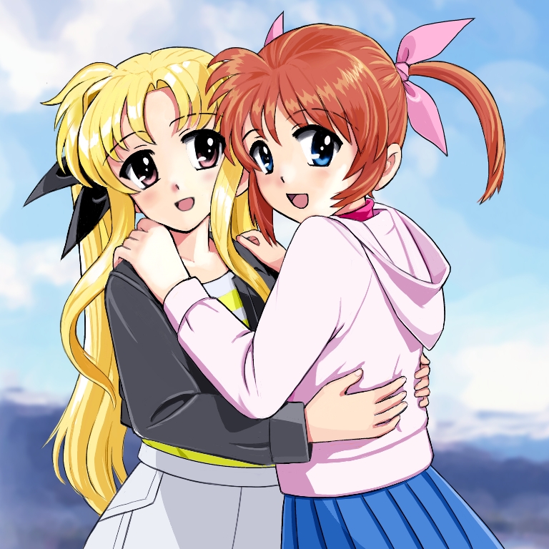 2girls :d bangs black_bow black_jacket blonde_hair blue_eyes blue_skirt bow brown_eyes brown_hair day eyebrows_visible_through_hair fate_testarossa hair_between_eyes hair_bow hair_intakes hands_on_another's_shoulders hood hood_down hooded_jacket jacket long_hair looking_at_viewer lyrical_nanoha mahou_shoujo_lyrical_nanoha miniskirt multiple_girls open_clothes open_jacket open_mouth outdoors pink_bow pink_jacket pleated_skirt ren-chan shiny shiny_hair shirt skirt smile standing striped striped_shirt takamachi_nanoha twintails very_long_hair yuri