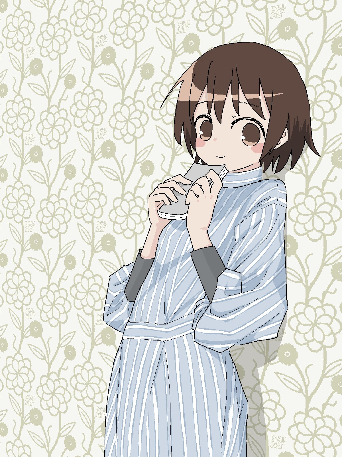 1girl blue_dress blush_stickers book closed_mouth dress eyebrows_visible_through_hair floral_background hands_up highres holding holding_book kill_me_baby long_sleeves looking_at_viewer nadegata oribe_yasuna short_hair smile solo