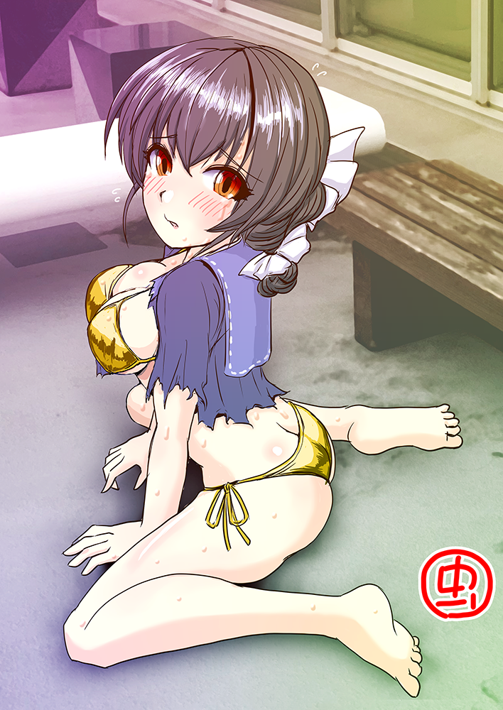 1girl artist_logo ass bend bikini black_hair blue_sailor_collar commentary_request gold_bikini hair_flaps hair_ribbon jingei_(kantai_collection) kantai_collection long_hair mushi_mushi_ex red_eyes ribbon sailor_collar sailor_shirt shirt side-tie_bikini sitting solo swimsuit torn_clothes wariza white_ribbon