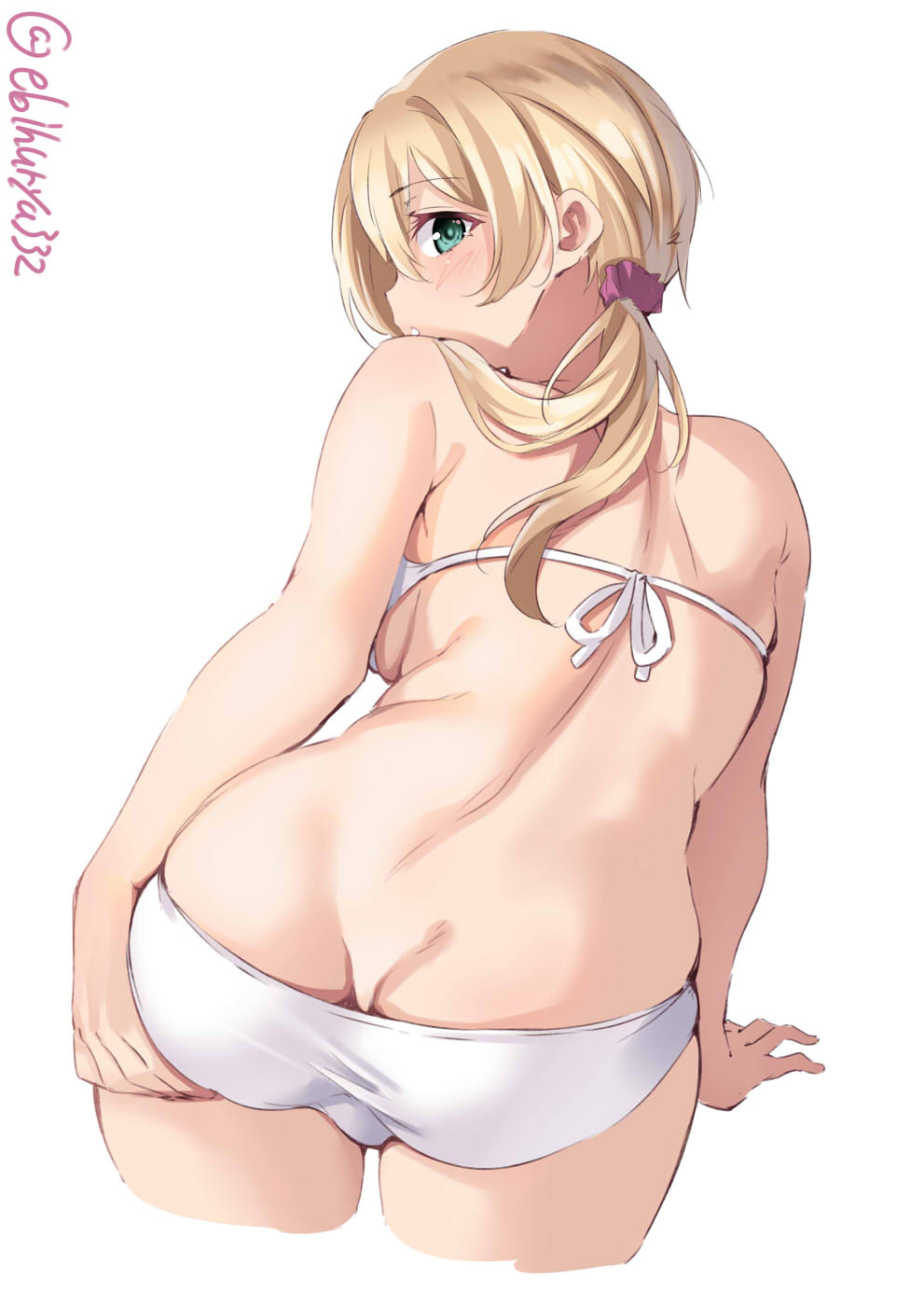 1girl aqua_eyes ass back bikini blonde_hair blush breasts cropped_legs ebifurya eyebrows_visible_through_hair from_behind hair_between_eyes halterneck hand_on_ass highres kantai_collection large_breasts long_hair looking_at_viewer looking_back low_twintails parted_lips prinz_eugen_(kantai_collection) simple_background solo swimsuit twintails twitter_username white_background white_bikini