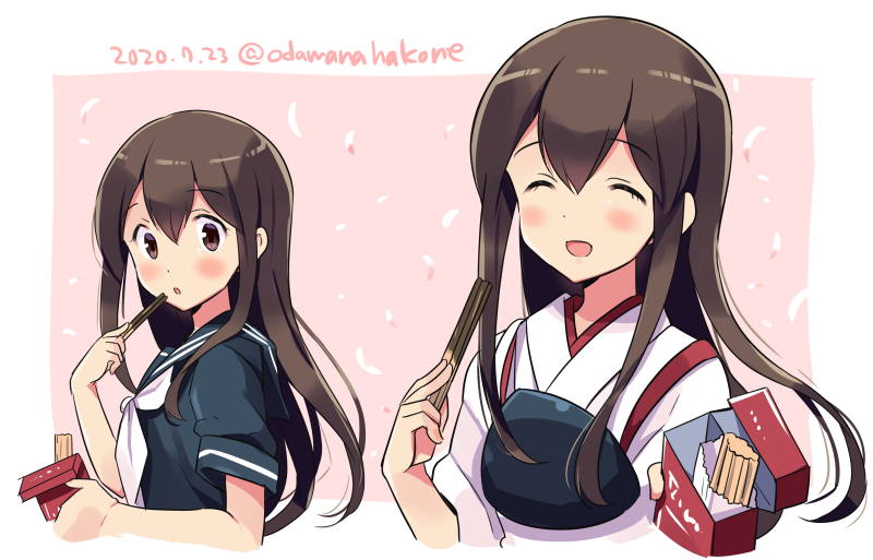 1girl ^_^ ^o^ akagi_(kantai_collection) black_sailor_collar black_serafuku blush brown_eyes brown_hair closed_eyes dated eyebrows_visible_through_hair food hair_between_eyes holding holding_food japanese_clothes kantai_collection long_hair multiple_views muneate neckerchief odawara_hakone open_mouth parted_lips pocky sailor_collar school_uniform serafuku smile tasuki twitter_username white_neckwear