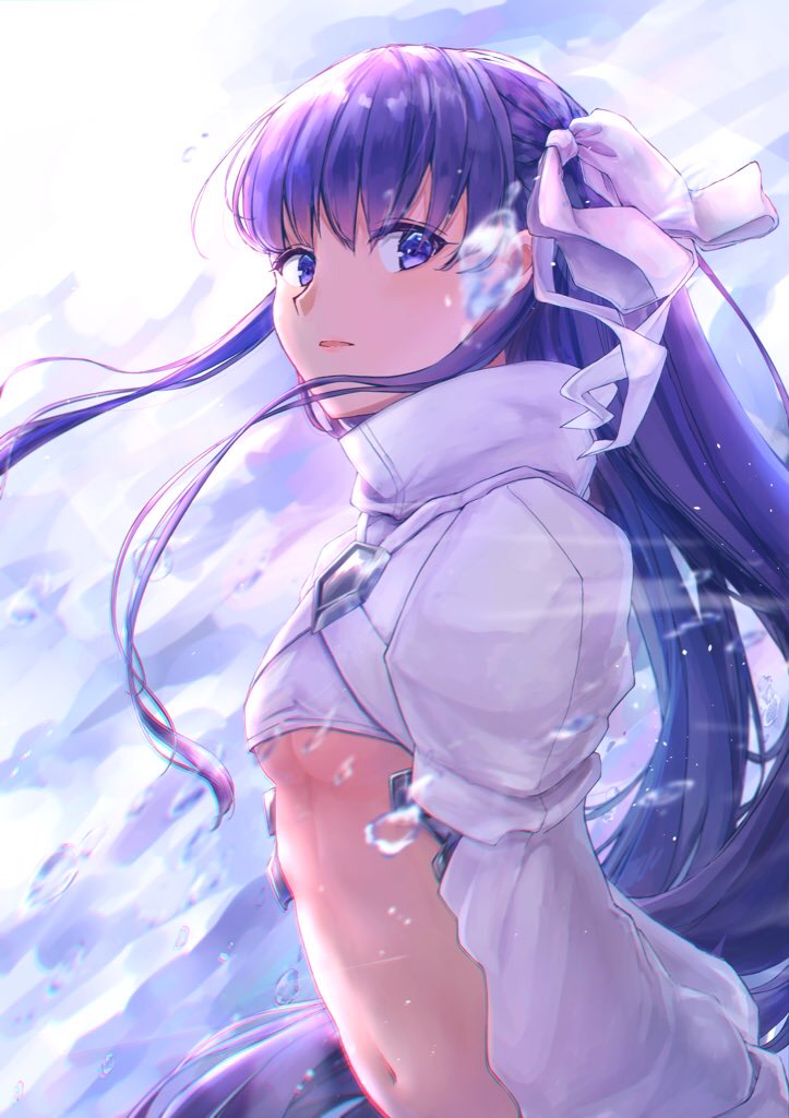 1girl artist_request bangs blue_eyes blush breasts cropped_jacket fate/extra fate/extra_ccc fate/grand_order fate_(series) hair_ribbon jacket long_hair long_sleeves looking_at_viewer meltryllis navel purple_hair ribbon small_breasts very_long_hair water white_jacket white_ribbon