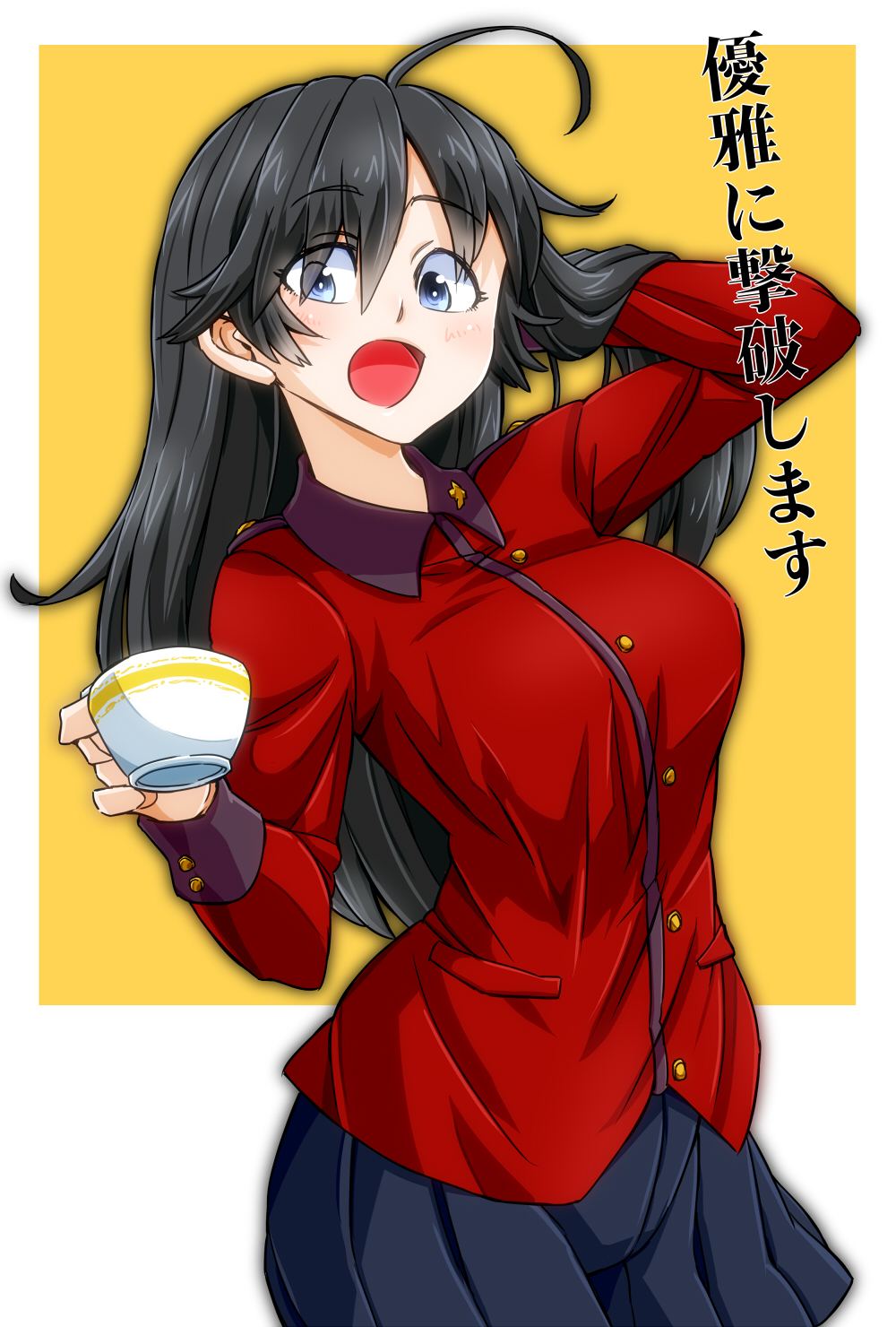 1girl :d ahoge aono3 bangs black_eyes black_hair black_skirt commentary cowboy_shot cup eyebrows_visible_through_hair girls_und_panzer hand_in_hair highres holding holding_cup isuzu_hana jacket long_hair long_sleeves looking_at_viewer military military_uniform miniskirt open_mouth pleated_skirt red_jacket skirt smile solo st._gloriana's_military_uniform standing teacup translated uniform