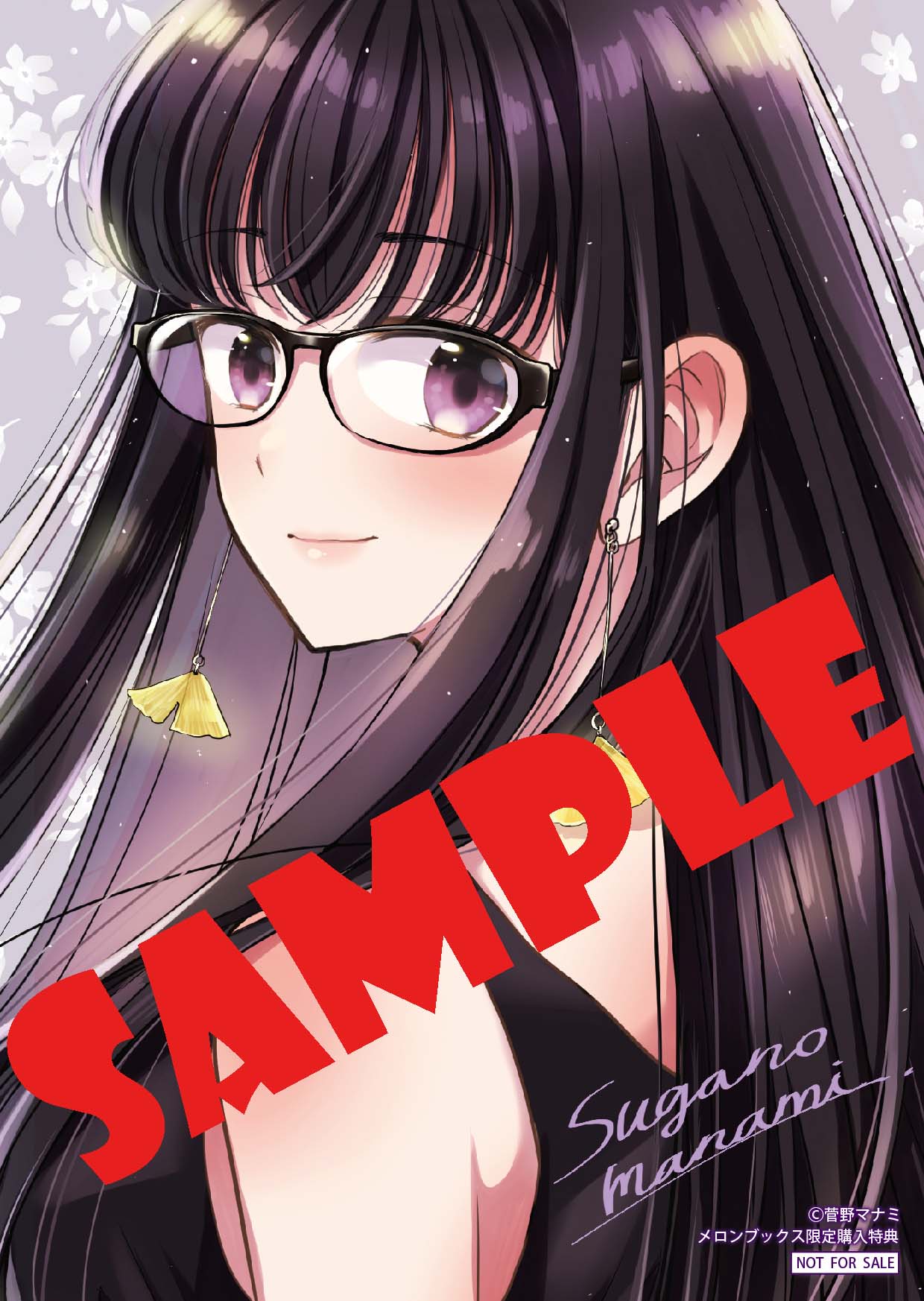 1girl artist_name bangs black-framed_eyewear black_hair black_shirt blush breasts closed_mouth commentary_request earrings floral_background from_side ginkgo_leaf glasses highres himawari-san himawari-san_(character) jewelry leaf_earrings lips long_hair looking_at_viewer official_art pink_lips sample shiny shiny_hair shirt smile solo sugano_manami upper_body violet_eyes