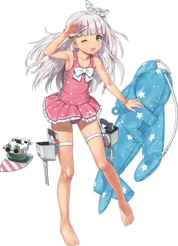 1girl arm_up bangs barefoot blunt_bangs full_body green_eyes hair_ribbon inflatable_toy jiji kantai_collection long_hair maestrale_(kantai_collection) official_art one-piece_swimsuit one_eye_closed one_side_up paravane pink_swimsuit polka_dot polka_dot_swimsuit ribbon silver_hair swimsuit tan tanline thigh_strap transparent_background turret white_ribbon