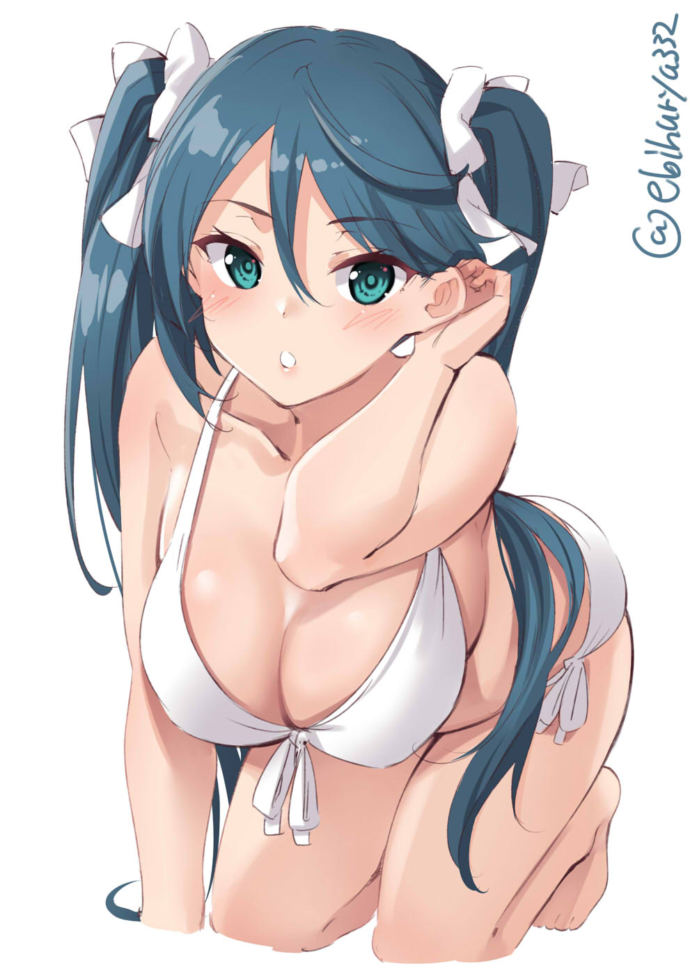 1girl barefoot bikini blue_eyes blue_hair blush breasts collarbone ebifurya front-tie_bikini front-tie_top hair_ribbon highres isuzu_(kantai_collection) kantai_collection large_breasts long_hair open_mouth ribbon side-tie_bikini simple_background solo swimsuit twintails twitter_username white_background white_bikini white_ribbon