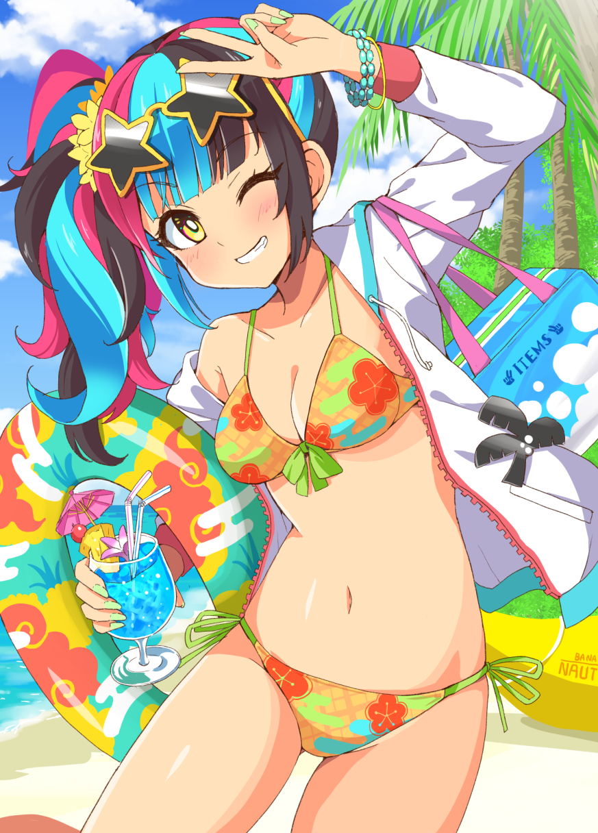 1girl beach bikini bracelet breasts cocktail_glass cocktail_umbrella cup drinking_glass drinking_straw eyewear_on_head fate/grand_order fate_(series) green_nails grin highres innertube jewelry medium_breasts multicolored_hair navel one_eye_closed sei_shounagon_(fate) side-tie_bikini smile star-shaped_eyewear sunglasses swimsuit twintails v xiafuizui yellow_eyes