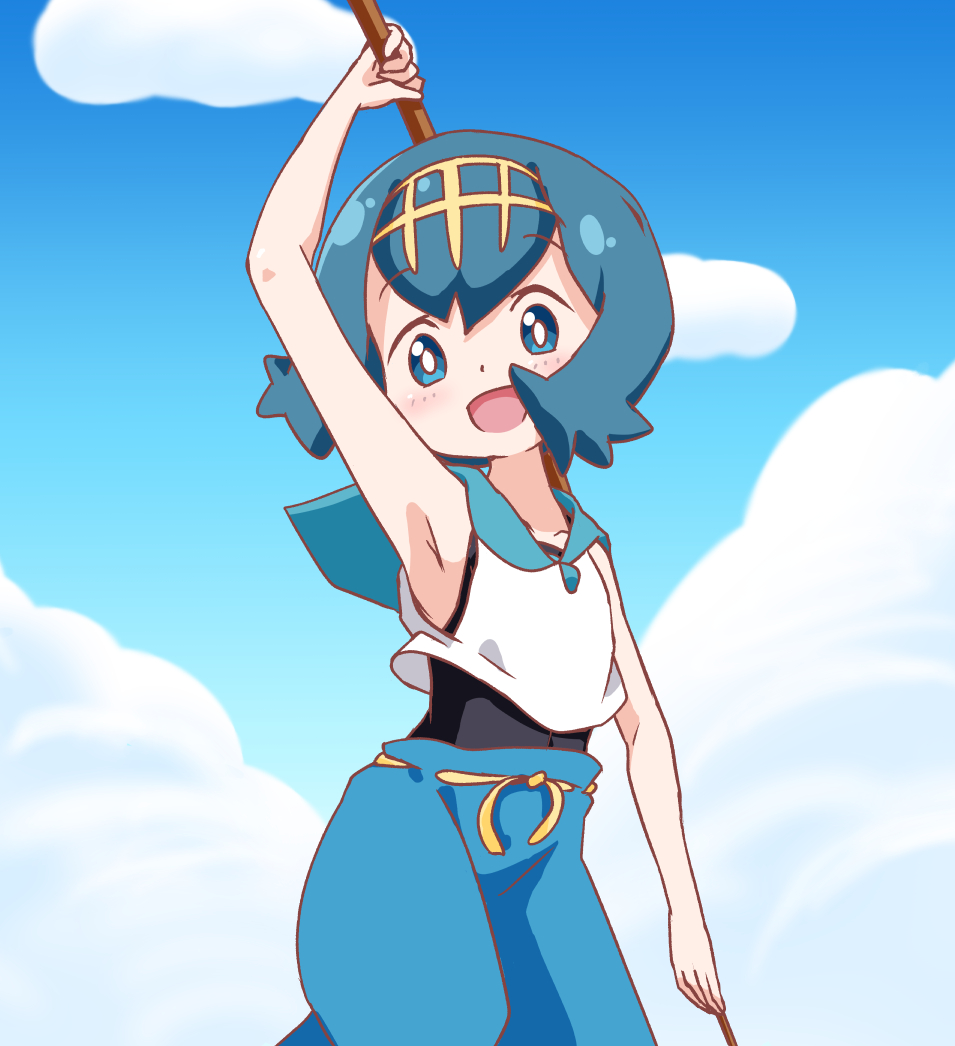 1girl :d arm_up armpits bangs blue_eyes blue_hair blue_pants blue_sailor_collar blush clouds collarbone commentary_request covered_navel day eyebrows_visible_through_hair gold_hairband hairband happy holding looking_at_viewer no_sclera one-piece_swimsuit open_mouth owlz pants pokemon pokemon_(game) pokemon_sm sailor_collar shirt short_hair sky sleeveless smile solo suiren_(pokemon) swimsuit swimsuit_under_clothes trial_captain