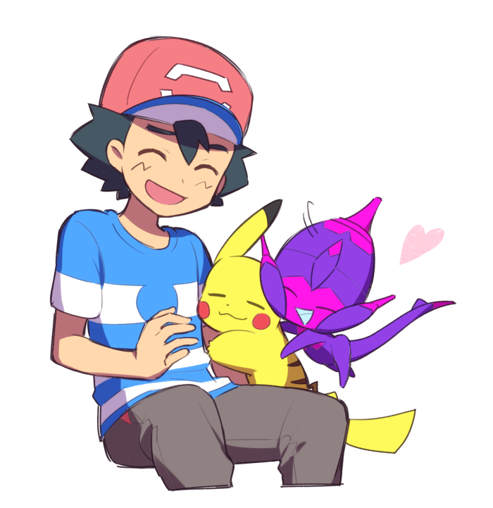 1boy ame_(ame025) arm_hug ash_ketchum bangs baseball_cap black_hair blue_shirt brown_pants gen_1_pokemon gen_7_pokemon hat heart invisible_chair male_focus open_mouth pants pikachu poipole pokemon pokemon_(anime) pokemon_(creature) pokemon_sm_(anime) shirt short_hair short_sleeves simple_background sitting smile striped striped_shirt t-shirt ultra_beast white_background |d