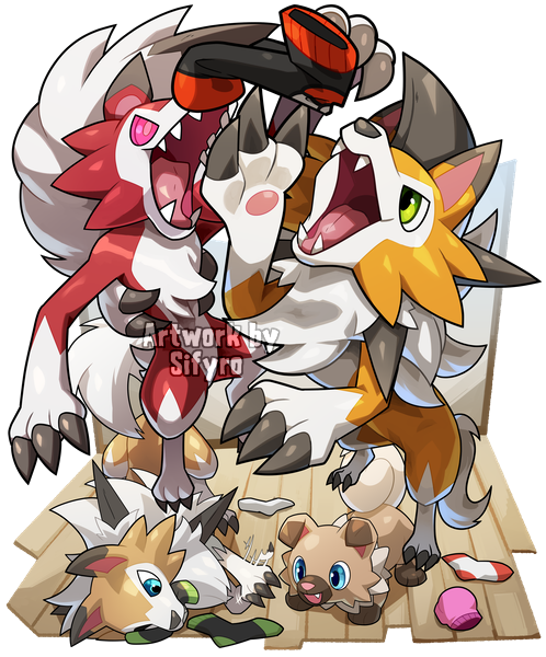 artist_name blue_eyes claws fangs gen_7_pokemon green_eyes lycanroc lycanroc_(dusk) lycanroc_(midday) lycanroc_(midnight) lying no_humans on_side open_mouth pokemon pokemon_(creature) red_eyes rockruff sifyro smile tail