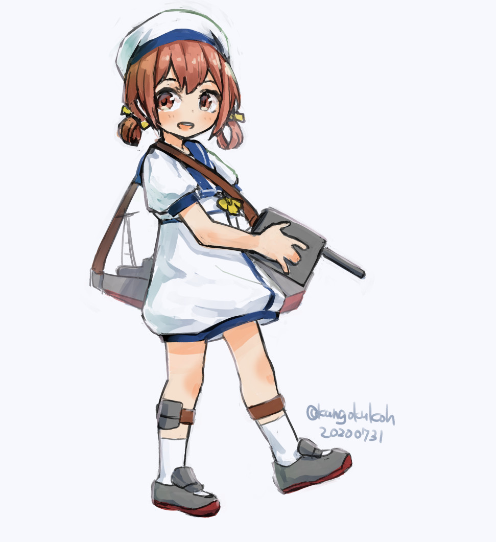 1girl adapted_turret brown_eyes brown_hair cannon dress full_body hair_rings hat kaiboukan_no._4_(kantai_collection) kangoku_kou kantai_collection long_hair looking_at_viewer machinery open_mouth sailor_dress sailor_hat shoes short_sleeves simple_background solo turret uwabaki white_background white_dress white_headwear