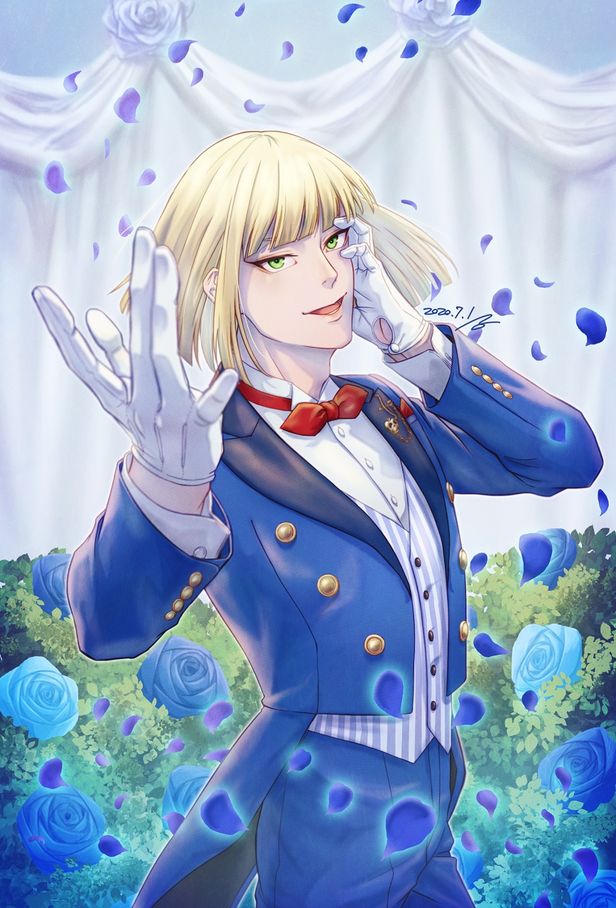 1boy blonde_hair blue_flower blue_pants blue_suit dated flower gloves green_eyes hand_on_own_cheek hand_up highres male_focus pants rook_hunt sagachin0124 smile solo standing twisted_wonderland vest white_gloves