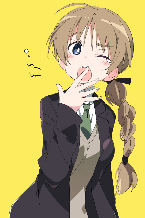 1girl black_jacket black_ribbon blazer blue_eyes blush braid brown_hair cardigan hair_ribbon ixy jacket long_hair looking_at_viewer lynette_bishop one_eye_closed open_mouth ribbon school_uniform simple_background single_braid solo strike_witches tears teeth upper_teeth world_witches_series yawning yellow_background