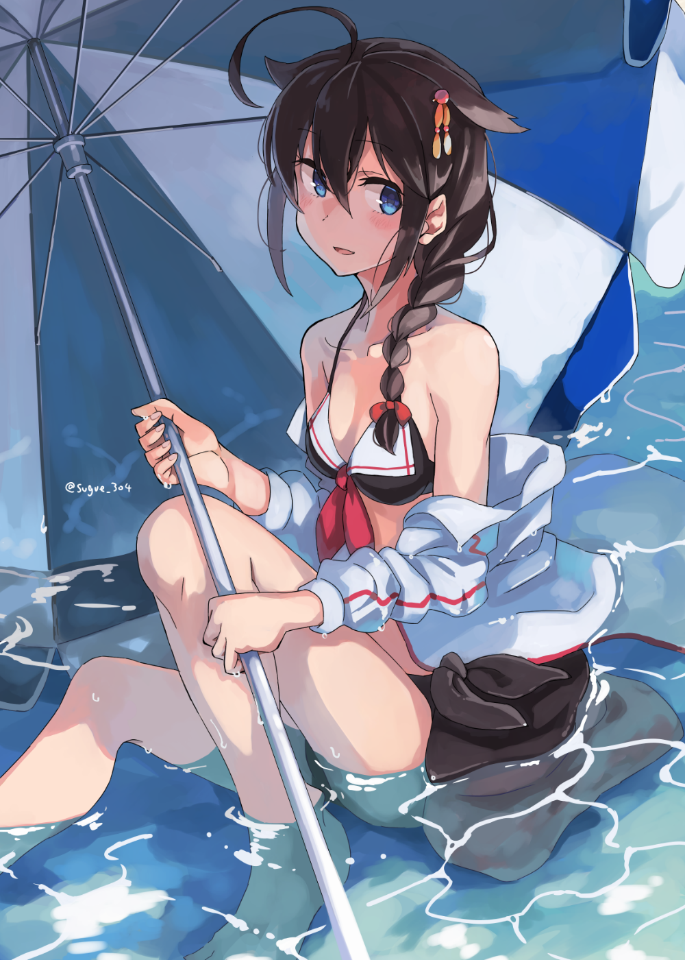 1girl adapted_costume ahoge bikini black_bikini blue_eyes blush braid brown_hair eyebrows_visible_through_hair hair_between_eyes hair_flaps highres jacket kantai_collection long_hair long_sleeves open_mouth parasol partially_submerged remodel_(kantai_collection) shigure_(kantai_collection) single_braid smile solo sugue_tettou swimsuit twitter_username umbrella water white_jacket