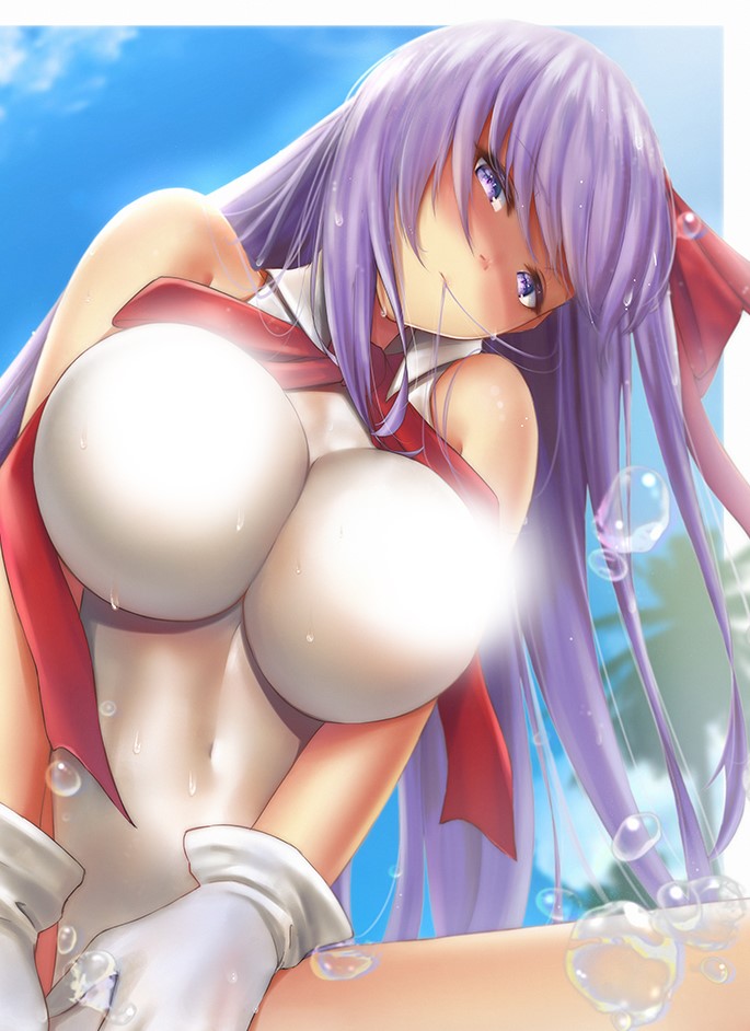 1girl bangs bare_shoulders bb_(fate)_(all) bb_(swimsuit_mooncancer)_(fate) between_legs blue_sky blush breasts closed_mouth covered_navel fate/grand_order fate_(series) gloves hair_ribbon hand_between_legs large_breasts leotard long_hair looking_at_viewer neck_ribbon purple_hair red_ribbon ribbon shaded_face sky spread_legs thighs very_long_hair violet_eyes water wet white_gloves white_leotard zeri_(zeristudio)