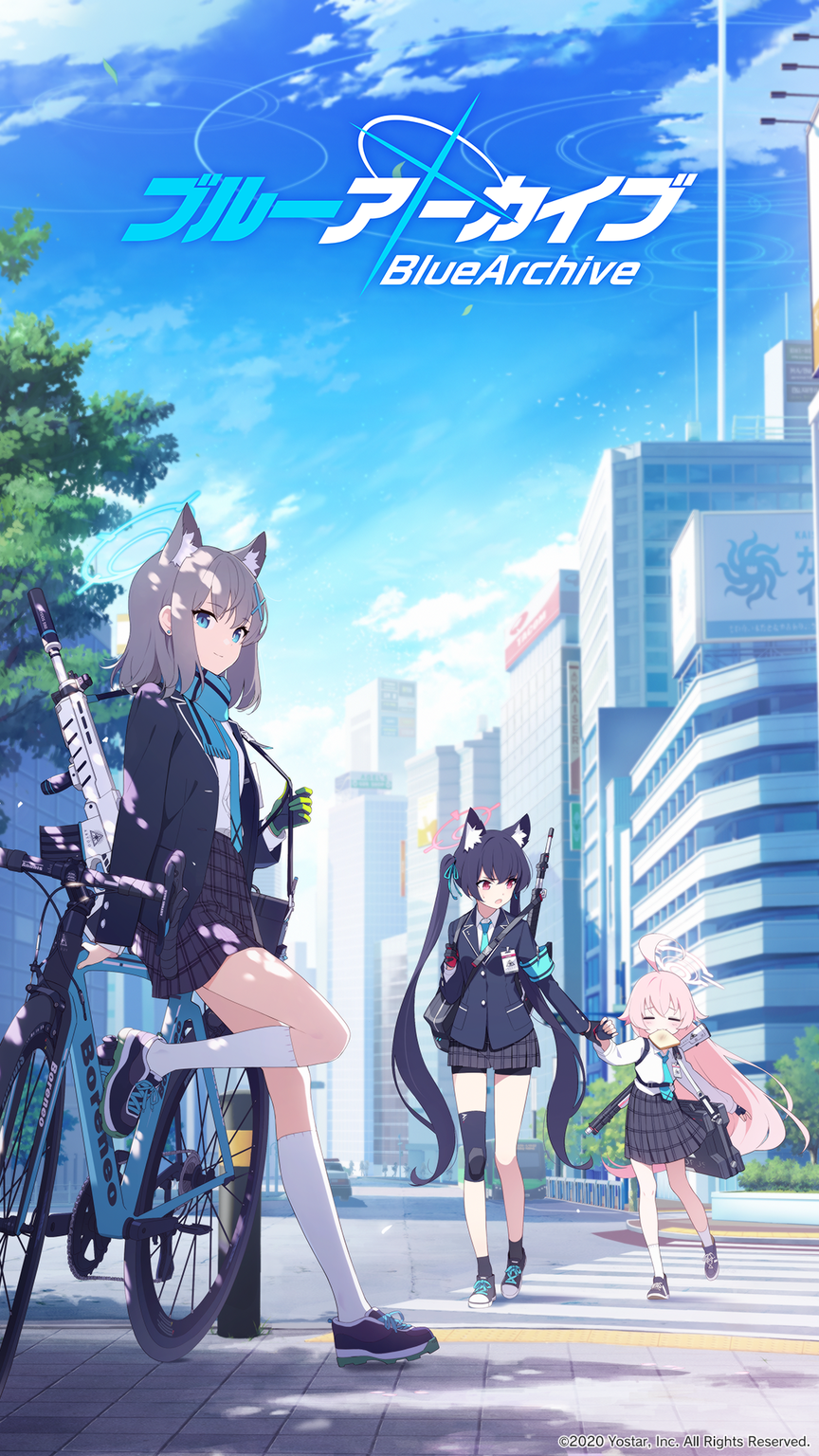 3girls animal_ears armband assault_rifle bag bicycle blue_archive city closed_eyes commentary_request copyright_name crosswalk food food_in_mouth gloves ground_vehicle gun halo highres holding_hands long_hair mouth_hold multiple_girls official_art rifle school_bag school_uniform shoes short_hair sneakers toast toast_in_mouth tree twintails walking weapon