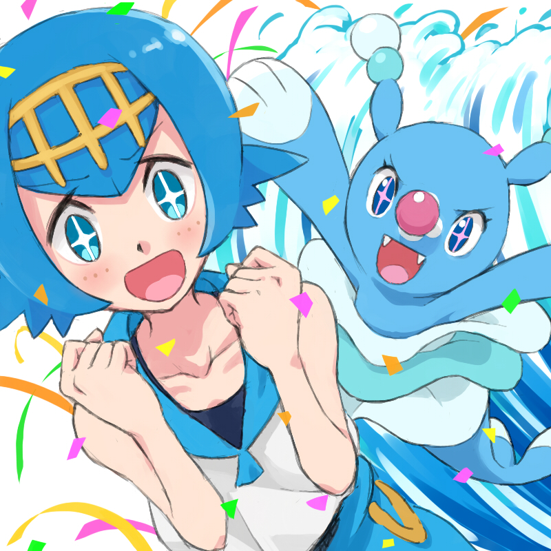 +_+ 1girl betuni blue_eyes blue_hair blue_sailor_collar blush brionne clenched_hands collarbone commentary_request freckles gen_7_pokemon gold_hairband hairband hands_up happy one-piece_swimsuit open_mouth pokemon pokemon_(anime) pokemon_(creature) pokemon_sm_(anime) sailor_collar shirt short_hair sleeveless smile suiren_(pokemon) swimsuit swimsuit_under_clothes tongue