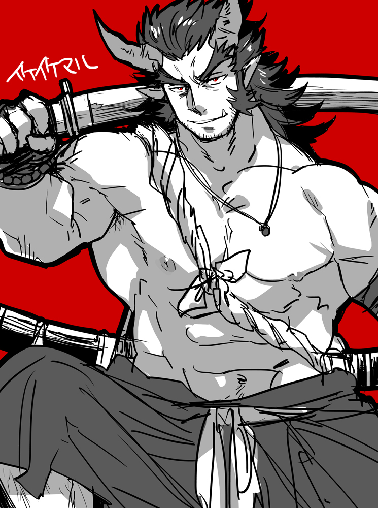 1boy bara beard chest dark_blue_hair facial_hair fang horns japanese_clothes jewelry katana male_focus muscle necklace nipples over_shoulder partially_colored pectorals scar simple_background sketch sugo6969 sword sword_over_shoulder takemaru_(tokyo_houkago_summoners) thick_eyebrows tokyo_houkago_summoners upper_body weapon weapon_over_shoulder
