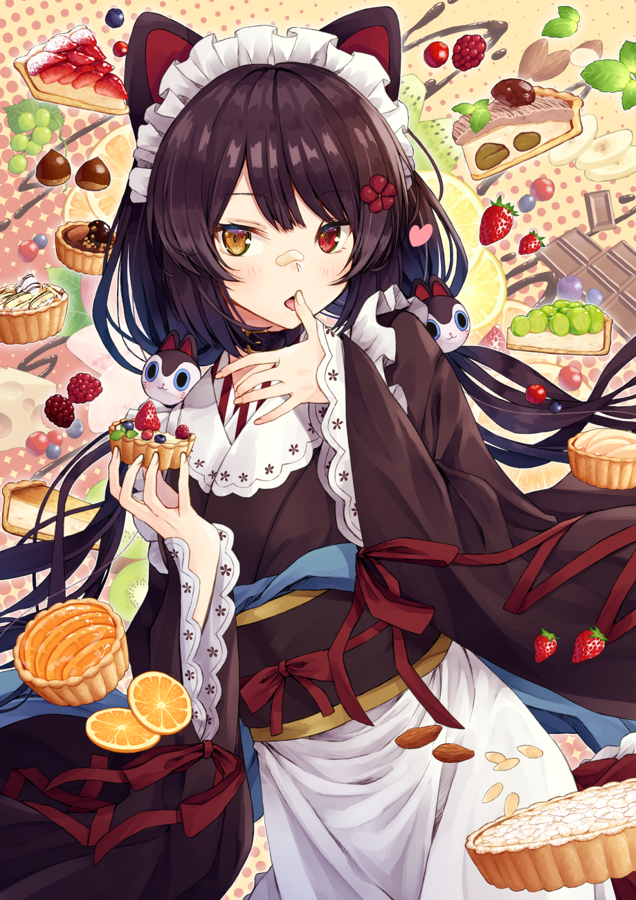 animal_ears apron bangs black_hair black_kimono blush chocolate cream dog_ears dog_girl dog_hair_ornament dog_tail finger_licking flask_(pandora) flower food frilled_apron frills fruit furisode hair_flower hair_ornament heterochromia highres holding inui_toko japanese_clothes kimono licking long_hair long_sleeves looking_at_viewer low_twintails maid_headdress nijisanji obi open_mouth orange orange_slice pie red_eyes red_flower sash sleeves_past_wrists solo strawberry tail tart_(food) tongue twintails very_long_hair virtual_youtuber wa_maid wide_sleeves yellow_eyes